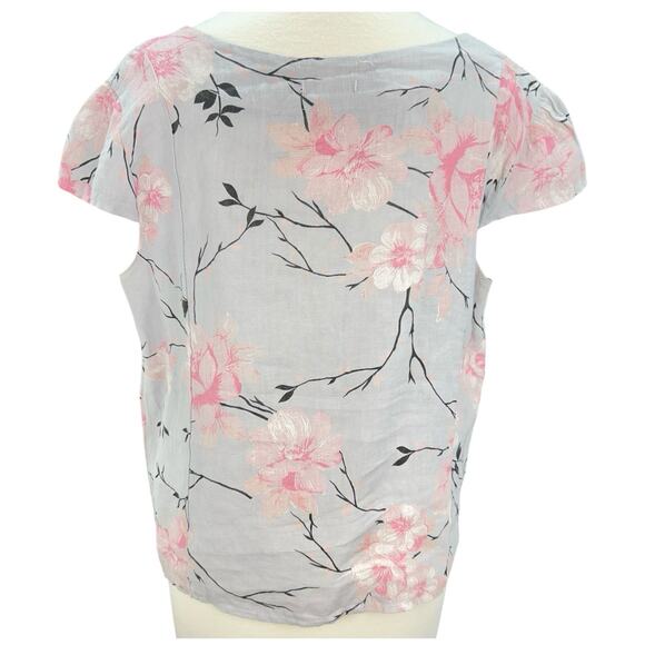 Luca Vanucci 100% Linen Top Women L 42" Bust Gray Floral Round Neck Blouse Italy - Picture 1 of 15